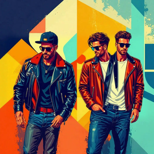 Three stylish men in leather jackets and sunglasses posing confidently for The Edgy Collection
