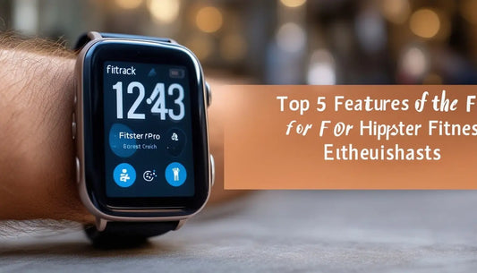 Smartwatch displaying 12:43 time, showcasing Fittrack Pro features for hipster fitness enthusiasts