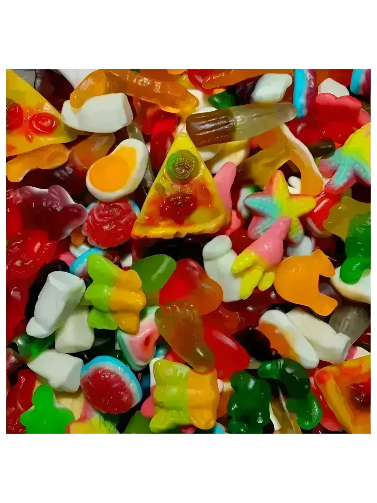 Vibrant gummy bear candy assortment with popular brands like Haribo on Skull and Roses men’s high tops