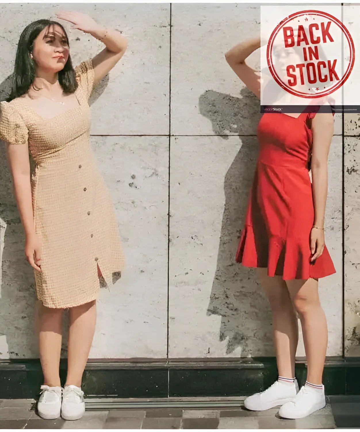 Beige textured knit dress with button front and flared skirt
