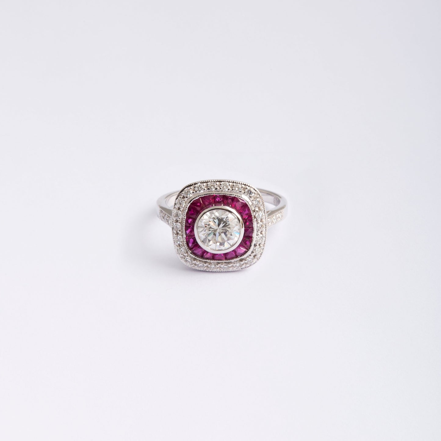 18k white gold diamond and ruby ring with halo design from NP2 collection