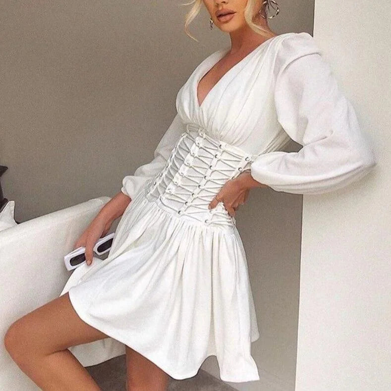 White satin dress with ruched waist and puff sleeves from a a a a Tes collection