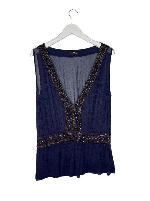 Navy blue sheer top with beaded trim and V-neck design from Updated Title New
