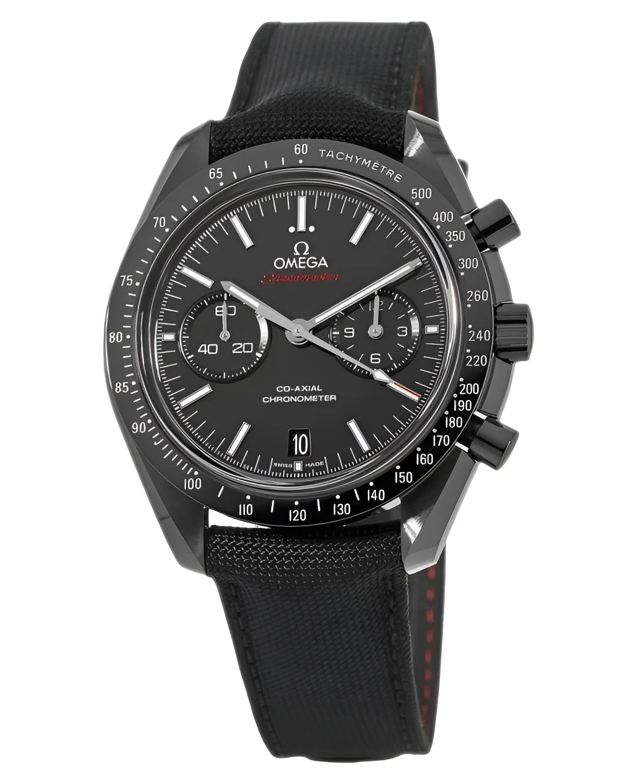 Black omega speedmaster chronograph wristwatch with a fabric strap.