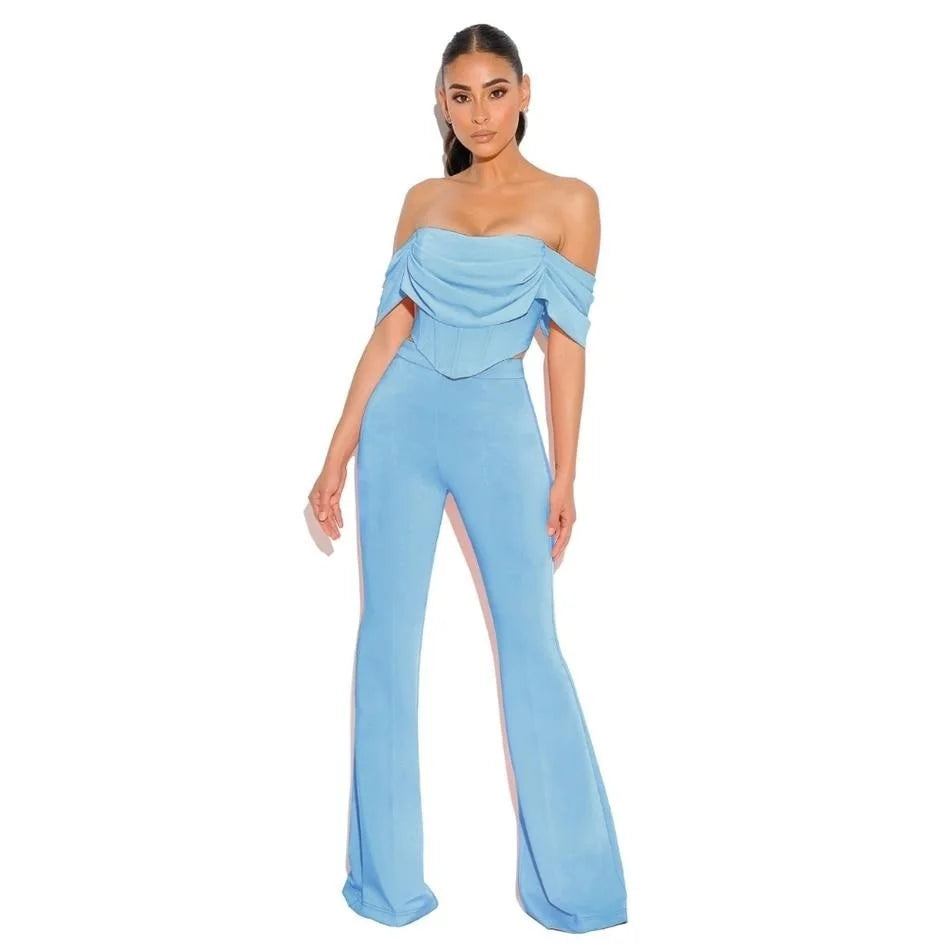 Blue off-the-shoulder jumpsuit with ruched detailing and flared pants from a a a a Tes