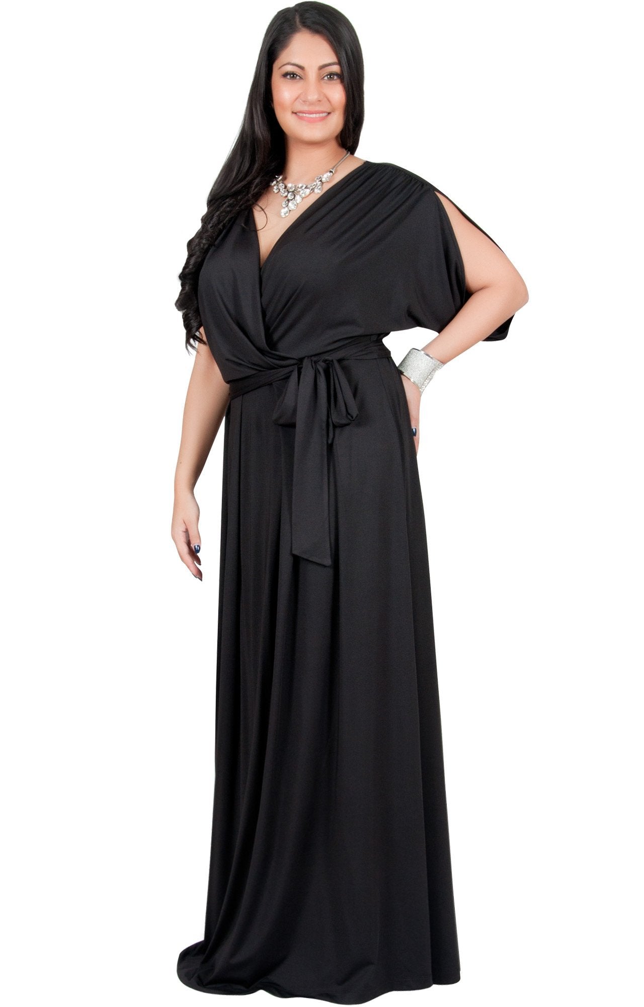 Plus size black satin wrap dress with tie waist and short sleeves from CM 大きな胸-リアルラブド CK19040808 美智子