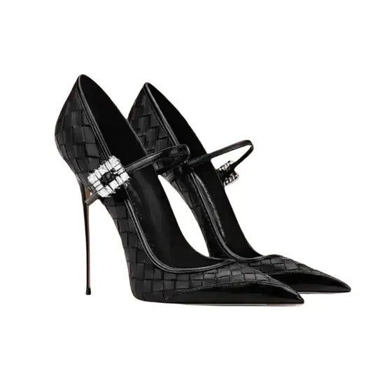 Black crocodile-patterned high-heeled mary jane shoes with rhinestone accents