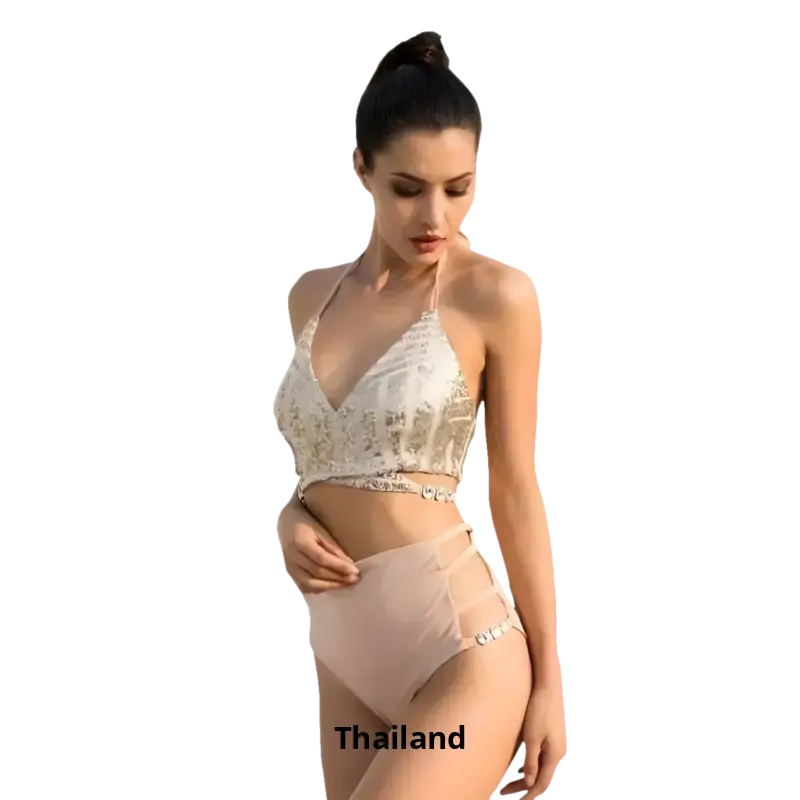 Two-piece swimsuit with white halter top and light pink high-waisted bottoms for Denim Fashion Cap
