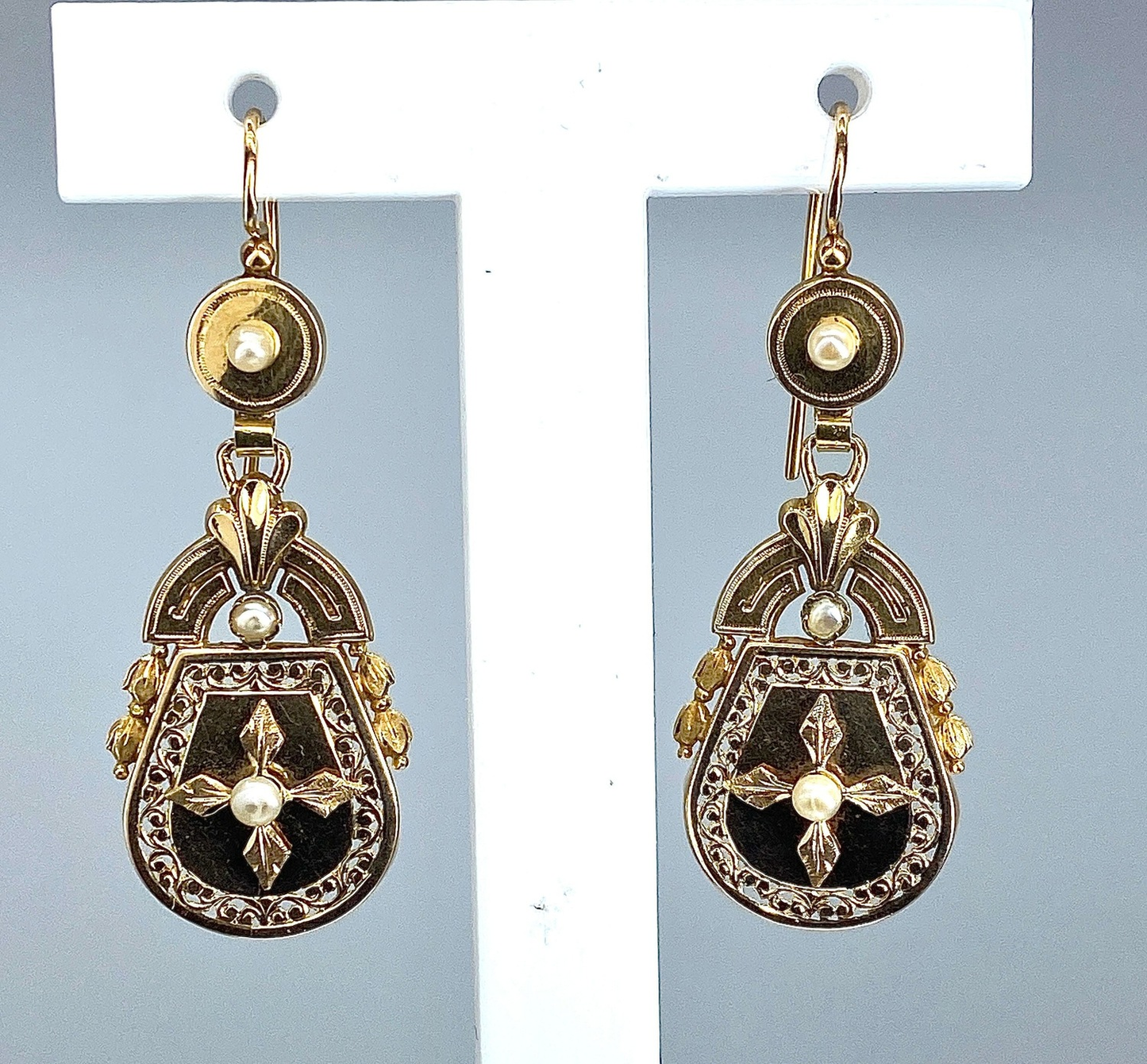 18k gold and black onyx filigree earrings with pearl accents for Denim Fashion Cap