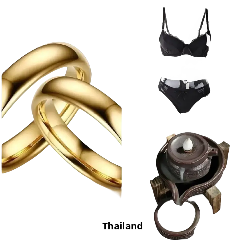 Split image of gold wedding bands, black lingerie set, and dark ceramic teapot with stand