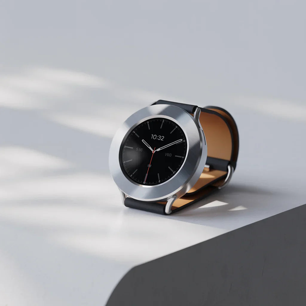 Silver smartwatch with black leather strap and sleek modern design for Leisure Tapis Chien Teckel