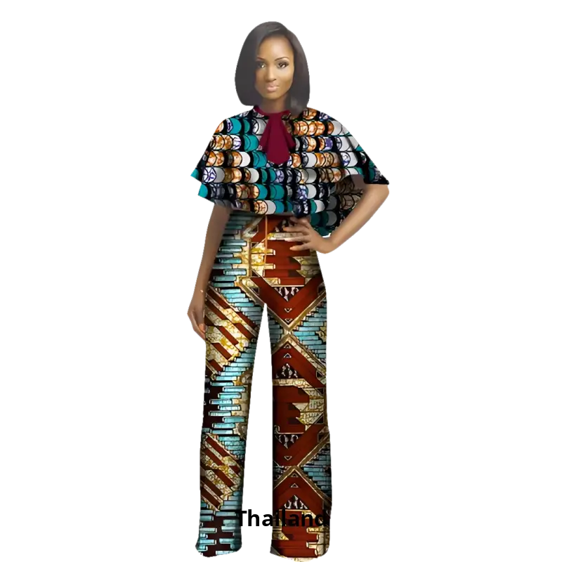 Stylish African print jumpsuit with cape overlay in geometric patterns from 501 501 Denim Fashion Cap
