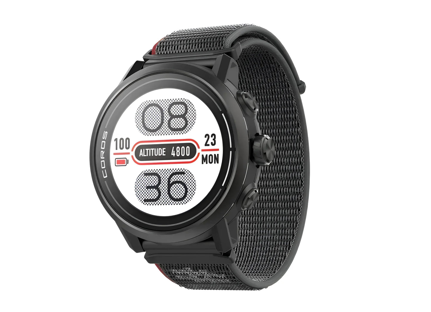 Black Coros Apex 2 smartwatch with round face and digital display showing time and date