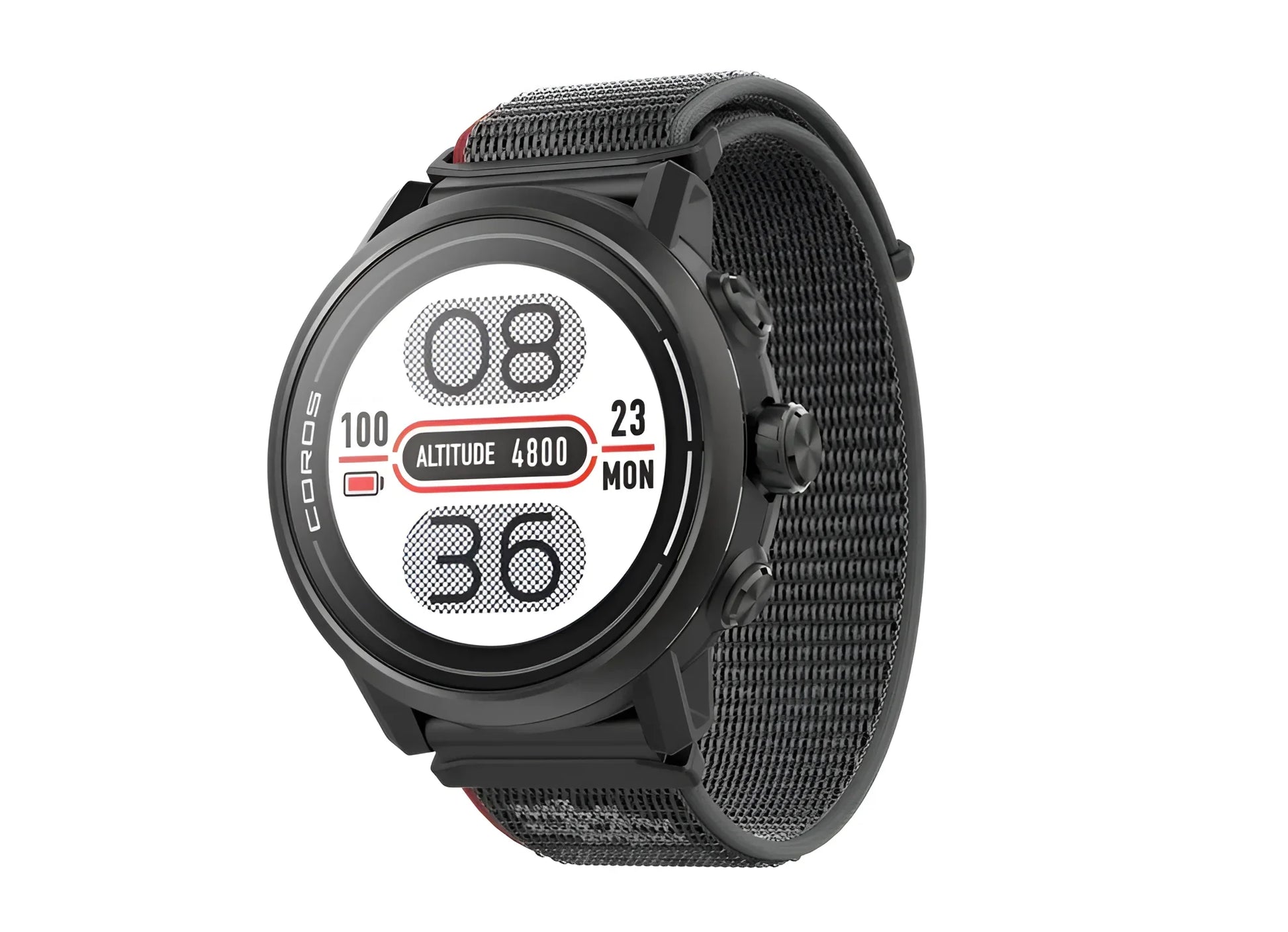 Black Coros Apex 2 smartwatch with round face and digital display showing time and date