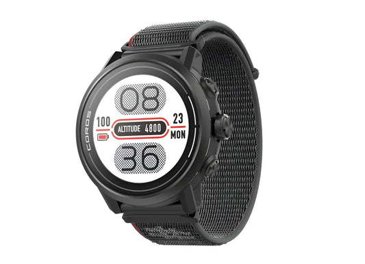 Black Coros Apex 2 smartwatch with round face and digital display showing time and date