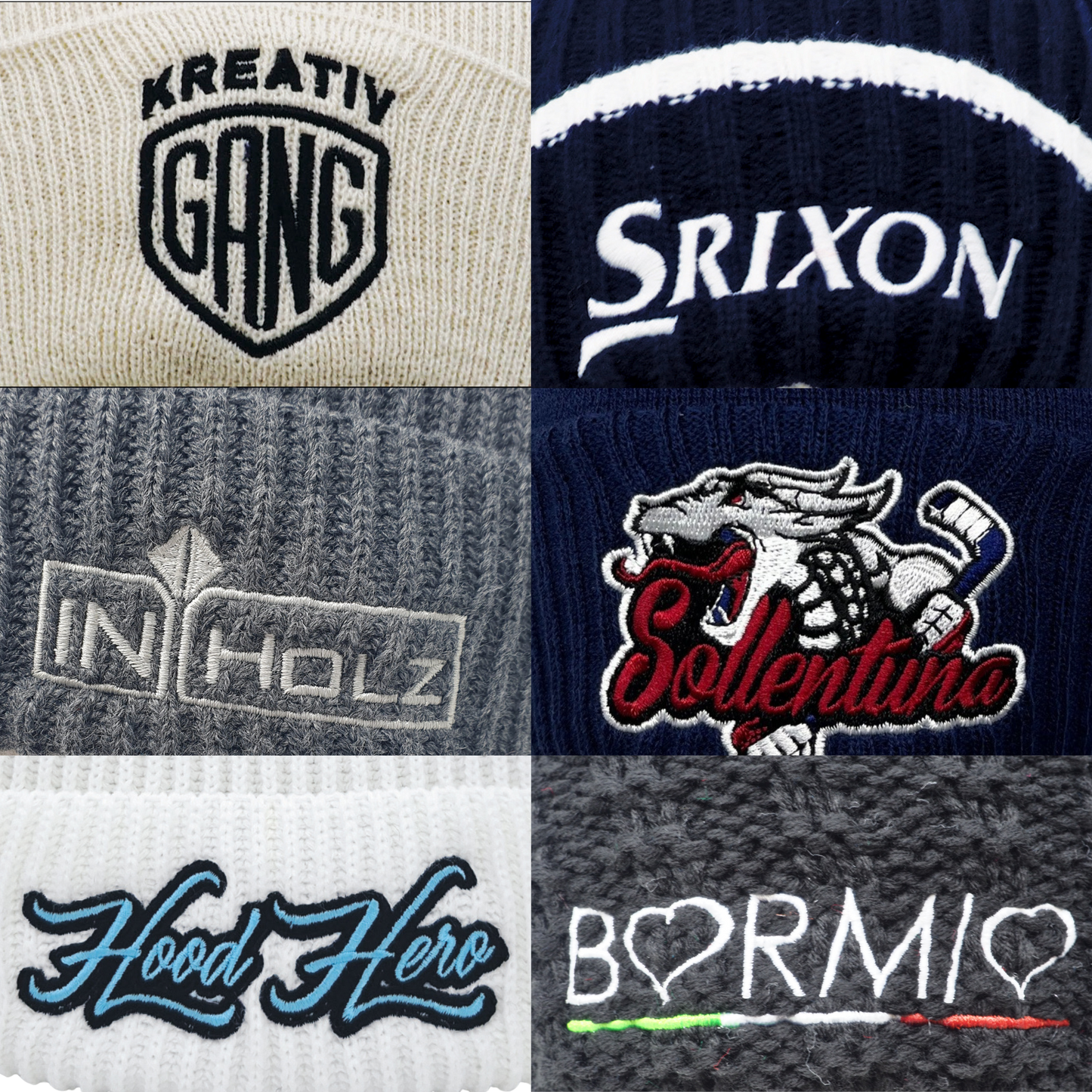 White knit beanie with Kreativ Gang logo and black text on cream background