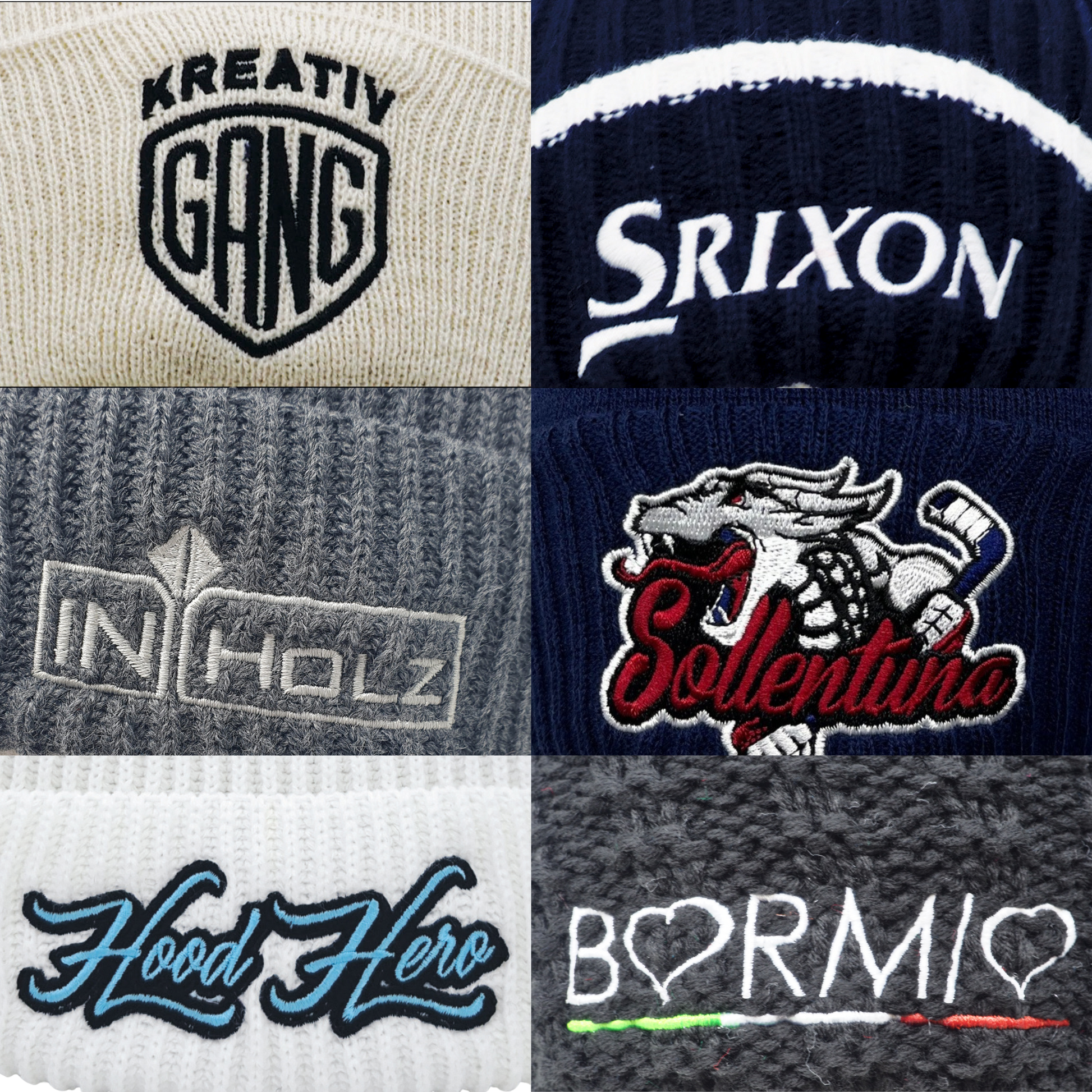 White knit beanie with Kreativ Gang logo and black text on cream background