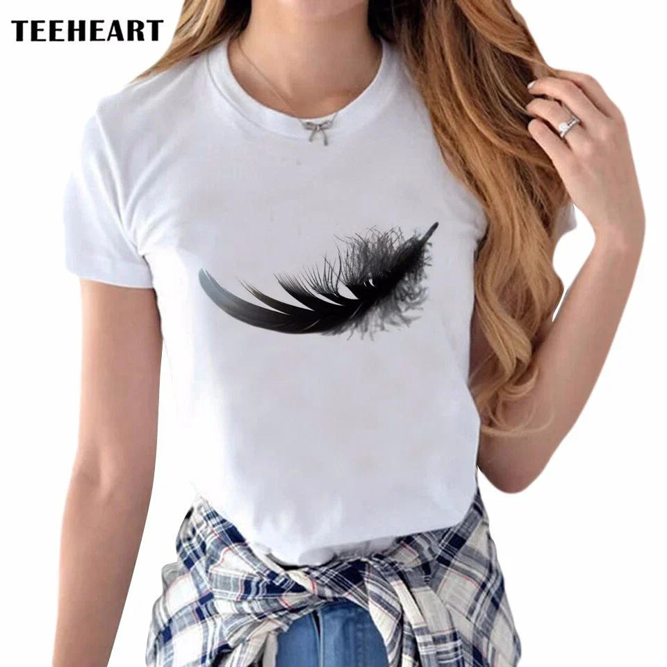 White feather print T-shirt with black and gray details by Teeheart for 501 501 Denim Fashion Cap