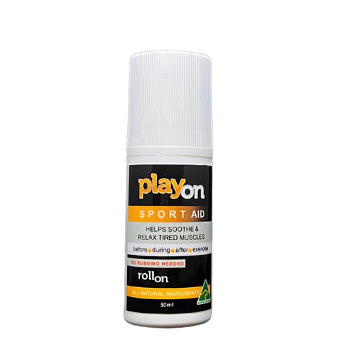 Playon sport aid muscle pain roll on 50ml white bottle with black label for fast muscle pain relief