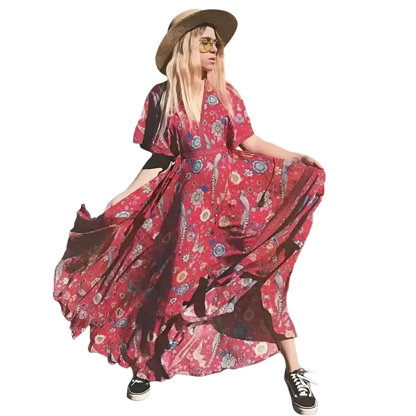 Red floral print maxi dress with wide-brimmed hat and black sneakers for a stylish look