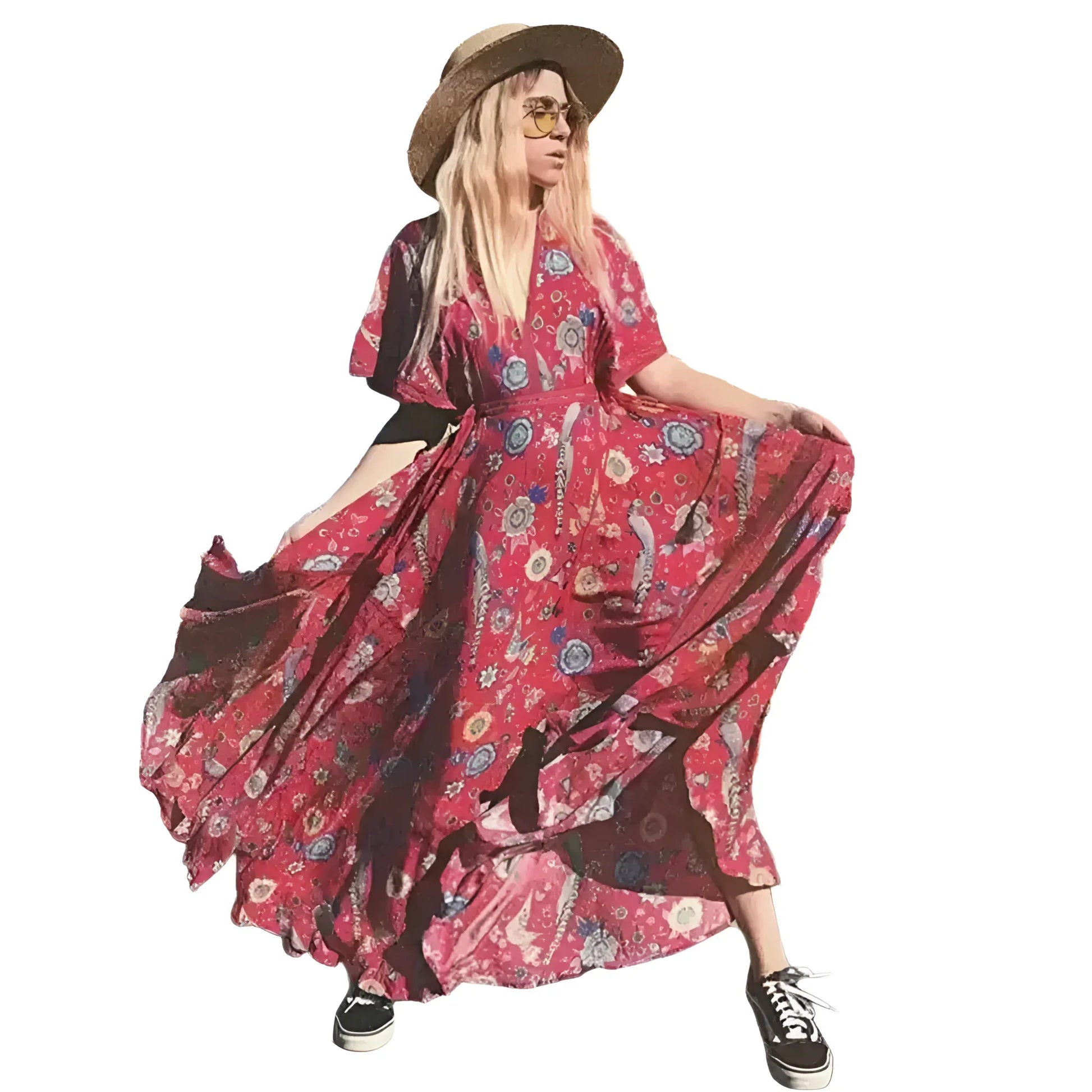 Red floral print maxi dress with wide-brimmed hat and black sneakers for a stylish look