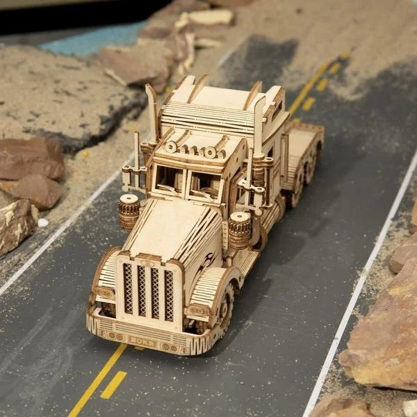 Wooden semi-truck model with detailed cab and trailer design in natural wood finish for a a a a Tes