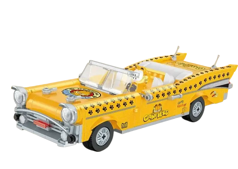 Yellow vintage Lego car model with floral design and crown emblem for A Sticker Product