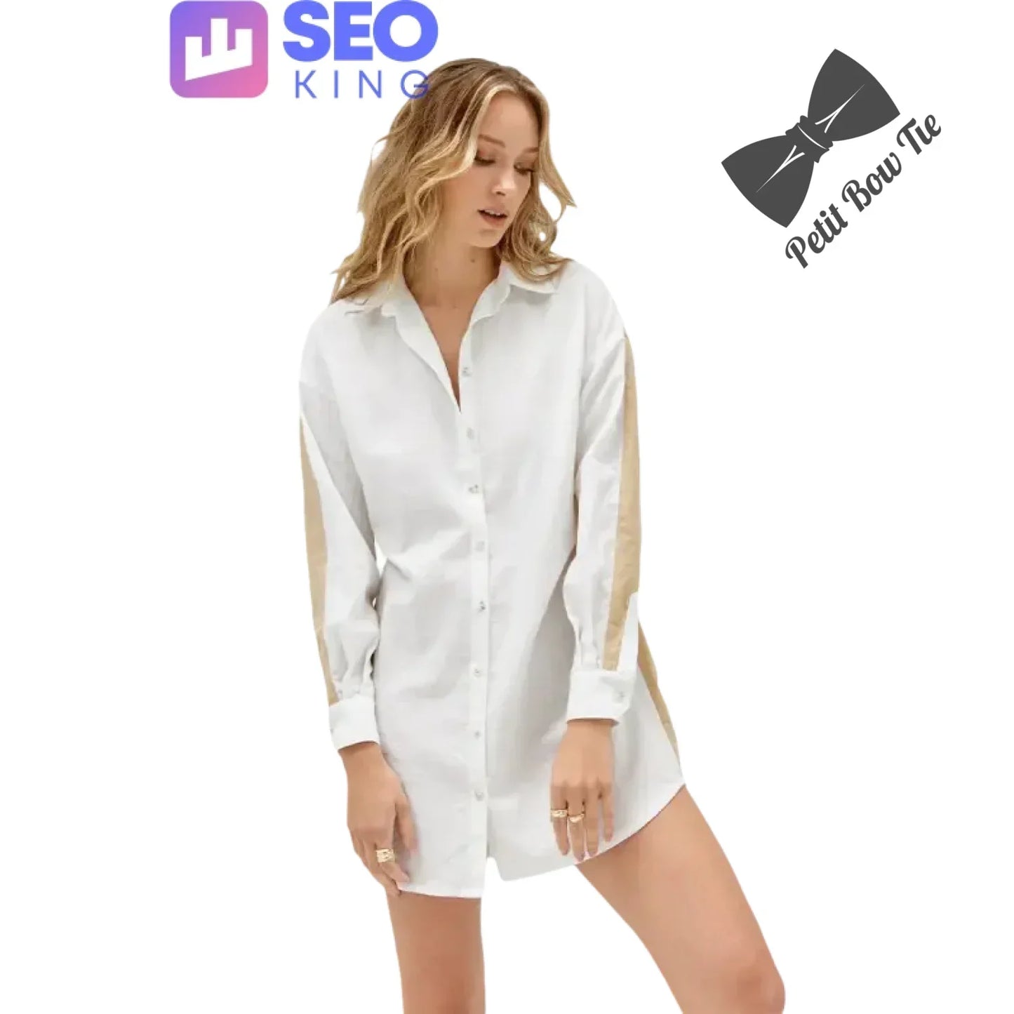 White and gold minimalist button-up shirt dress in the Background Credit Test product image