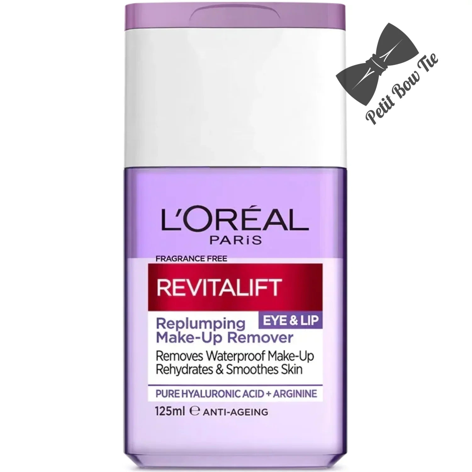 Lavender makeup remover bottle with white cap and L’Oréal Paris Revitalift label