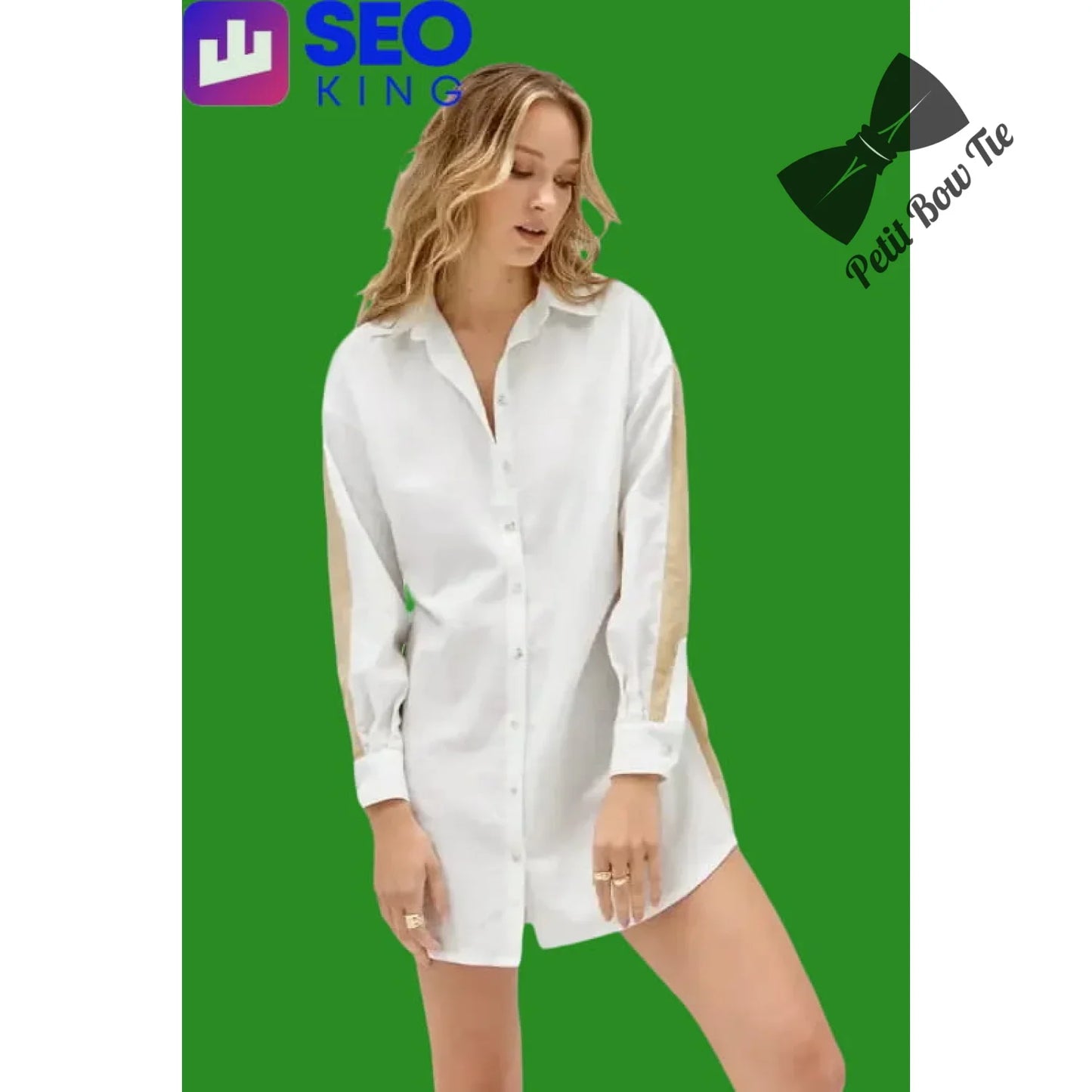 White button-down shirt dress with gold accents and side slit by Seo King