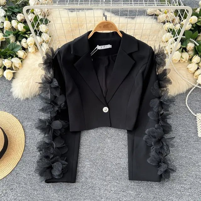 Black floral embellished Bali blazer jacket with a single button closure and tailored fit