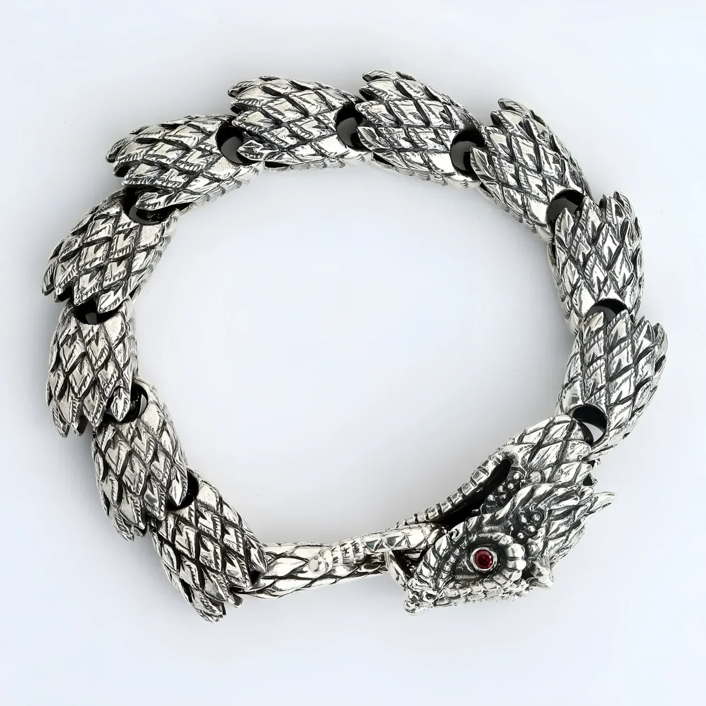 Silver dragon Bali bracelet with red eyes and scales