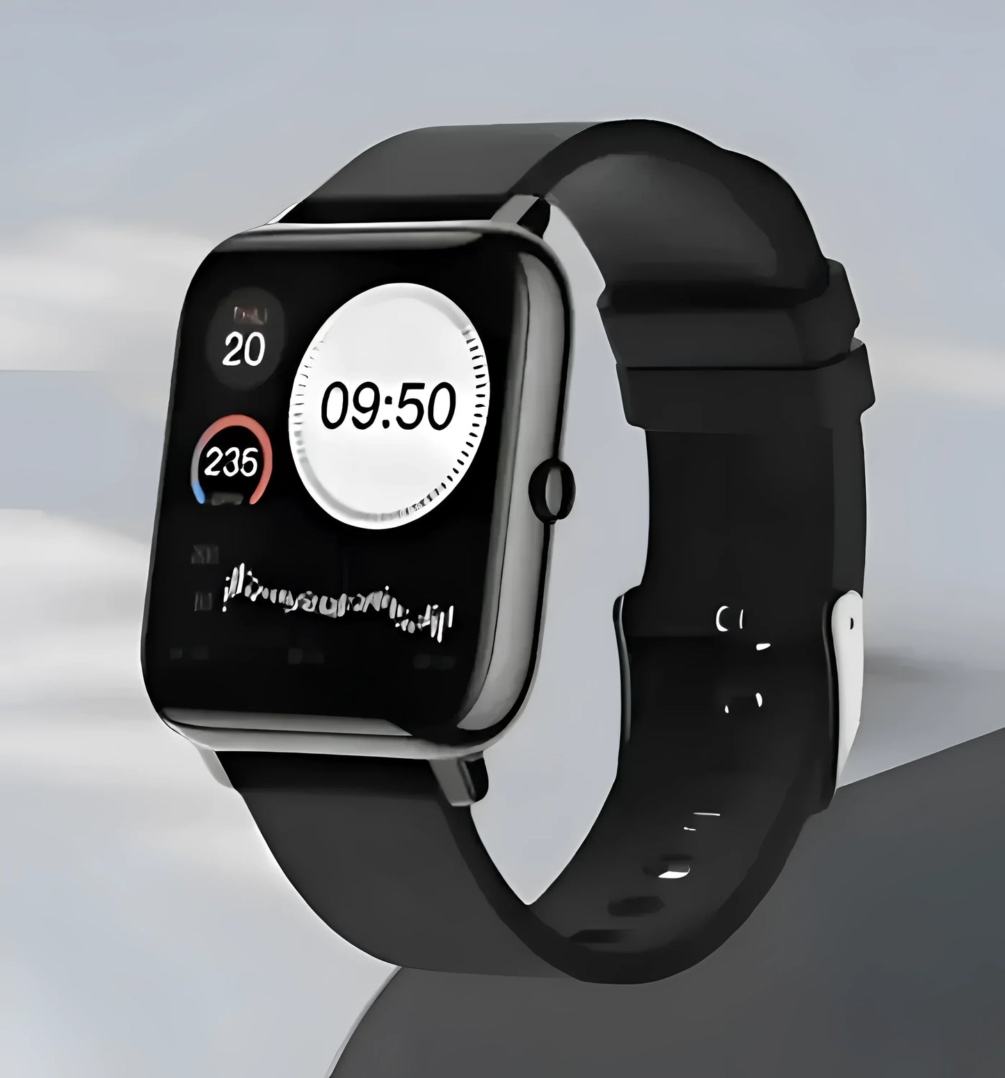 Black Apple Watch with silver case and band displaying digital time on Leisure Tapis Chien Teckel