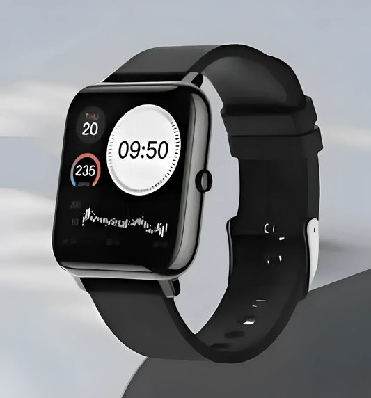 Black Apple Watch with silver case and band displaying digital time on Leisure Tapis Chien Teckel