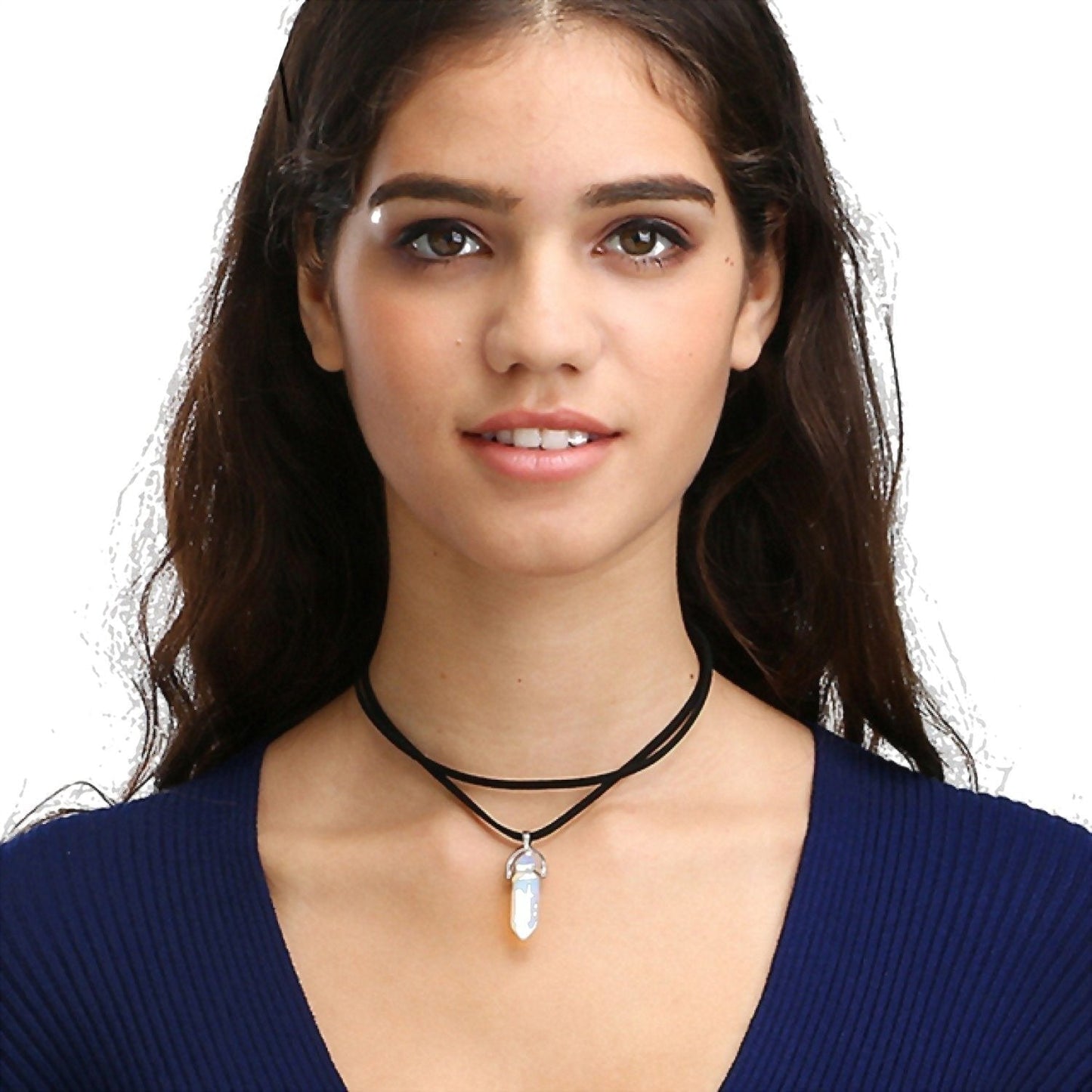 Black leather choker with silver crystal pendant displayed in Remove Watermarks product