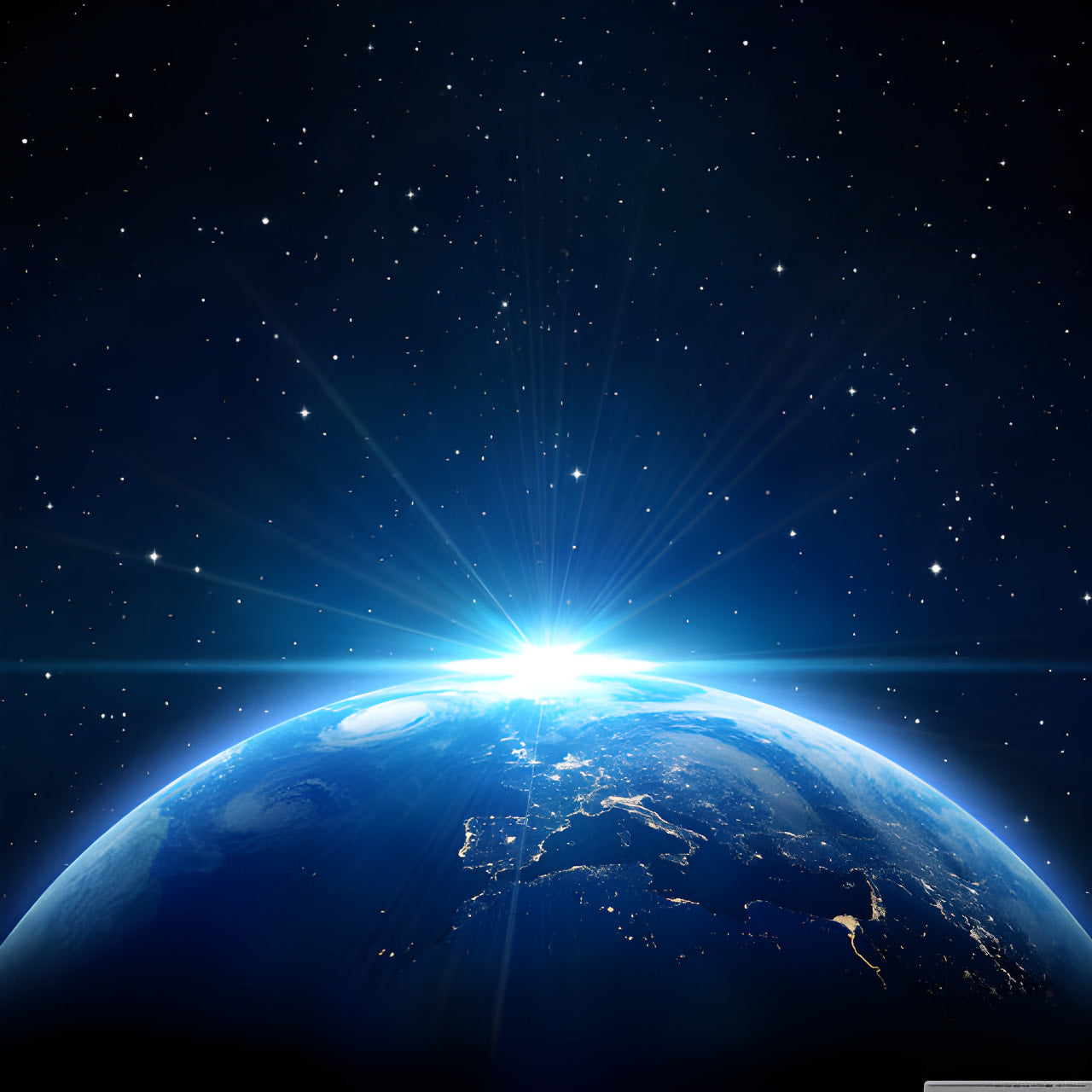 Blue planet Earth globe with glowing horizon and starry background for Photo Only product