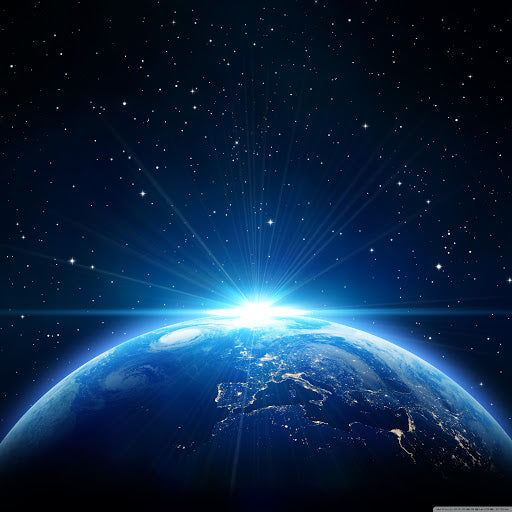 Blue planet Earth globe with glowing horizon and starry background for Photo Only product