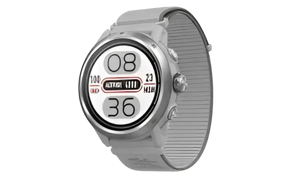 Digital Coros Apex 2 smartwatch with round face and gray strap showing time and fitness data