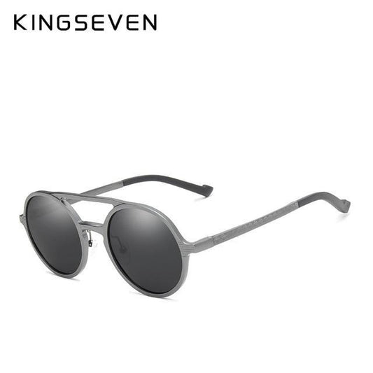 Round gray-framed sunglasses displayed in the product title