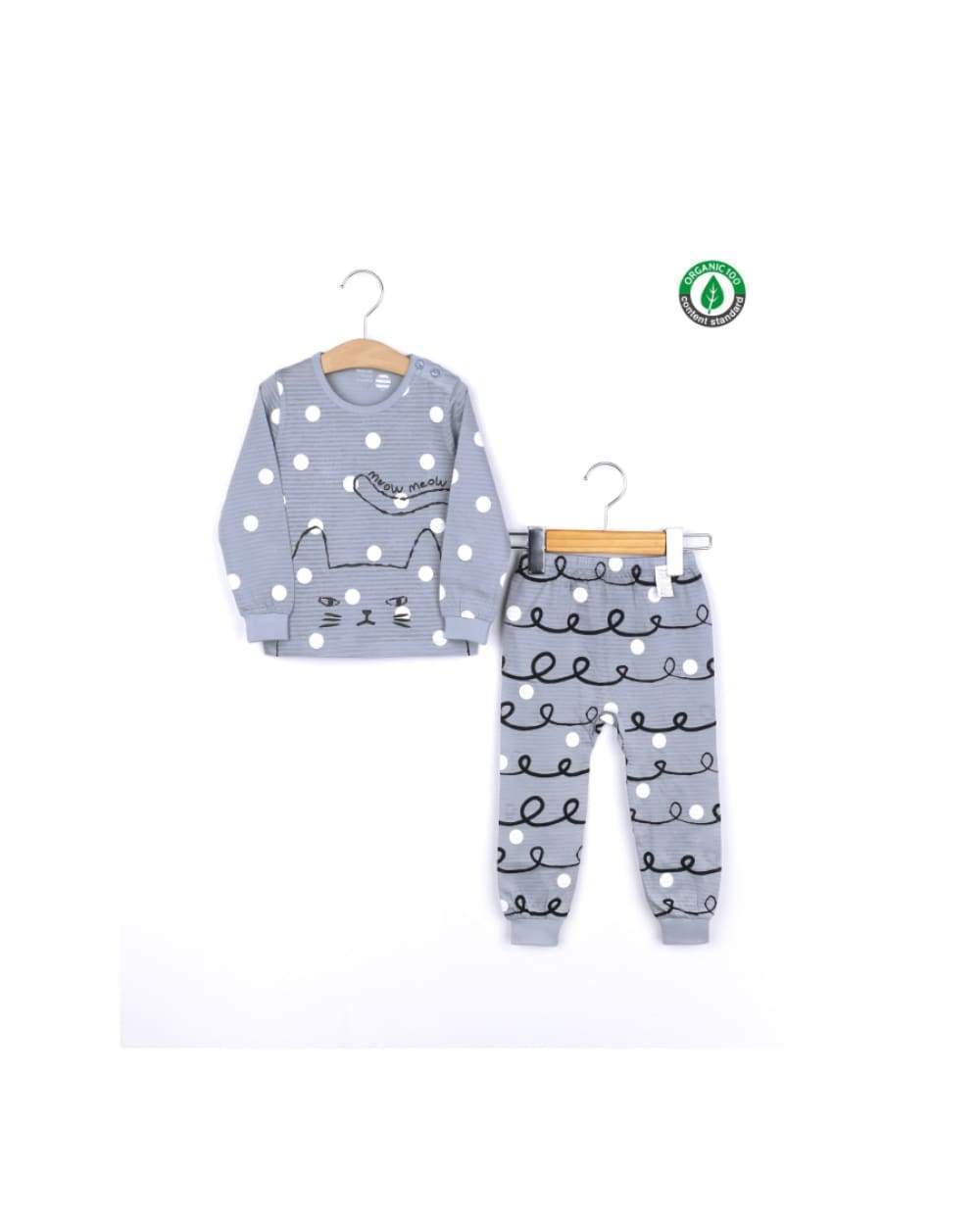 Grey polka dot and wave patterned children’s pajama set with hangers