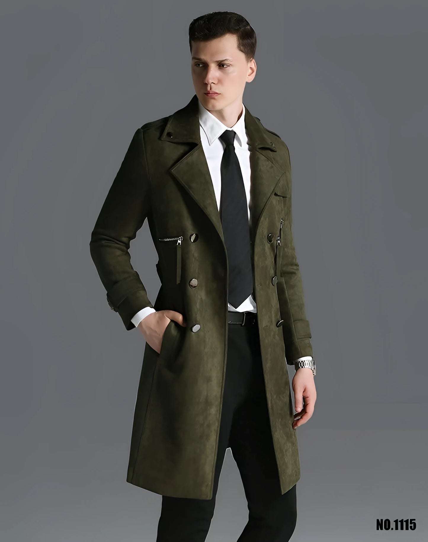 Olive green trench coat with double-breasted design and black buttons displayed in Latest Product 3 Images