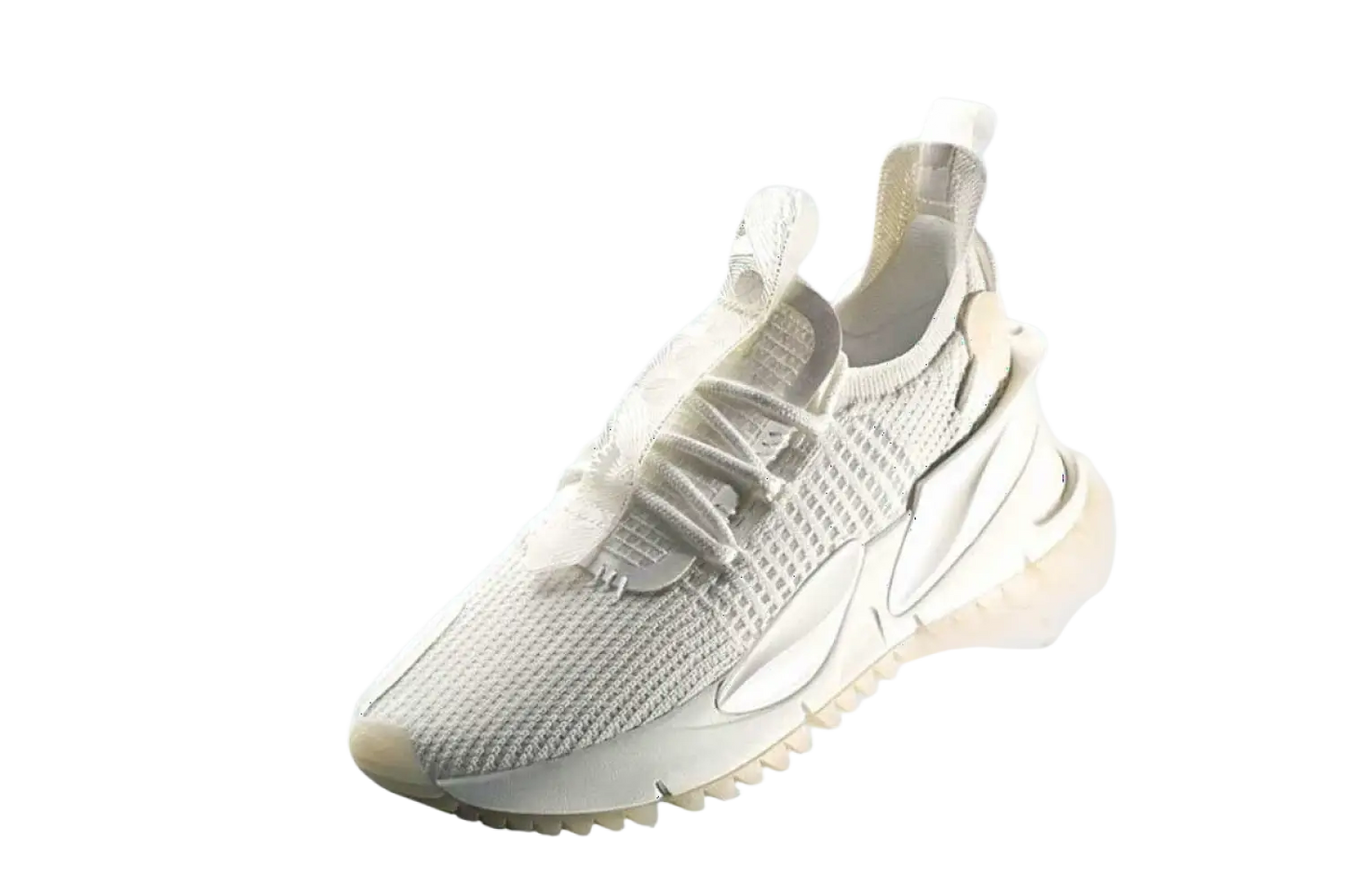 White knit sneaker with chunky textured sole and laces perfect for sports and fitness with smart gadgets integration