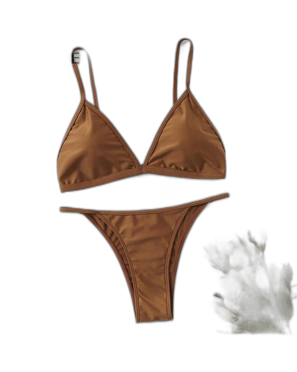 Caramel-colored bikini set with sleek modern design and thin straps displayed in PNG Product