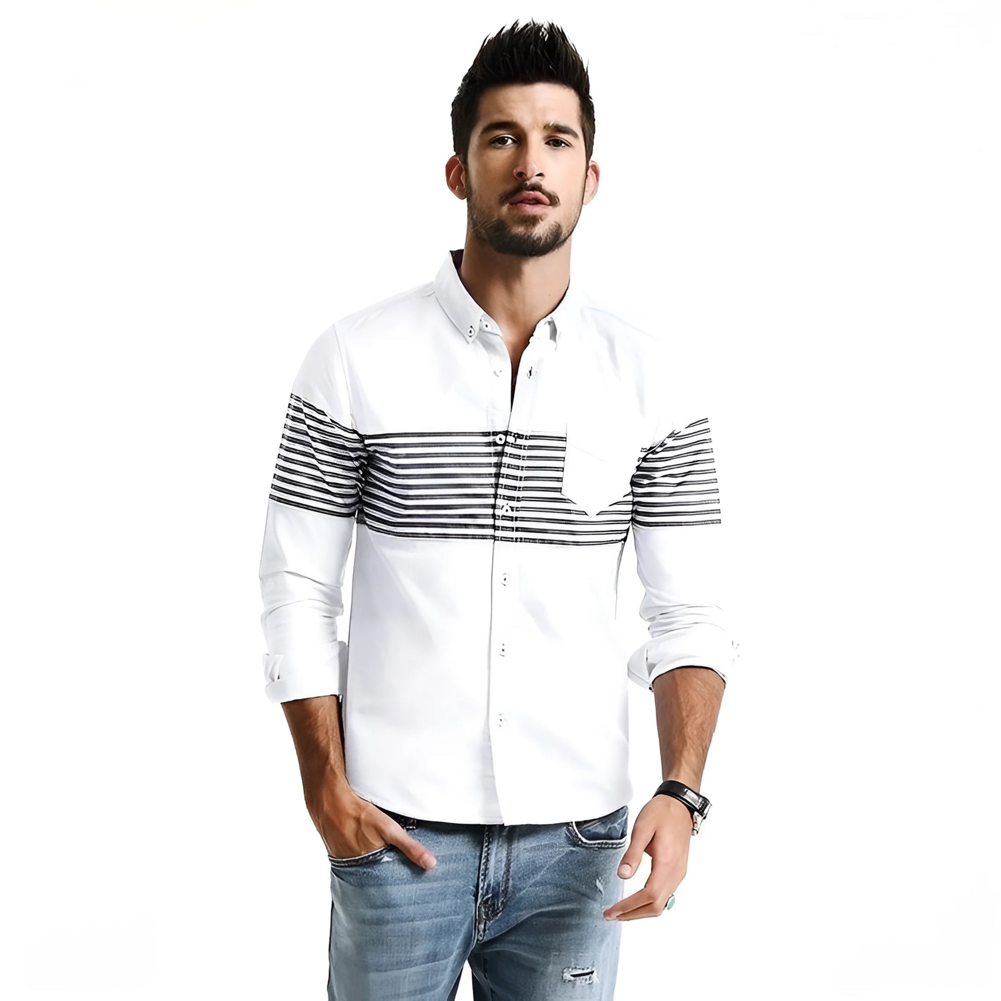 Men’s white button-up shirt with horizontal black stripes and chest pocket in PNG Product