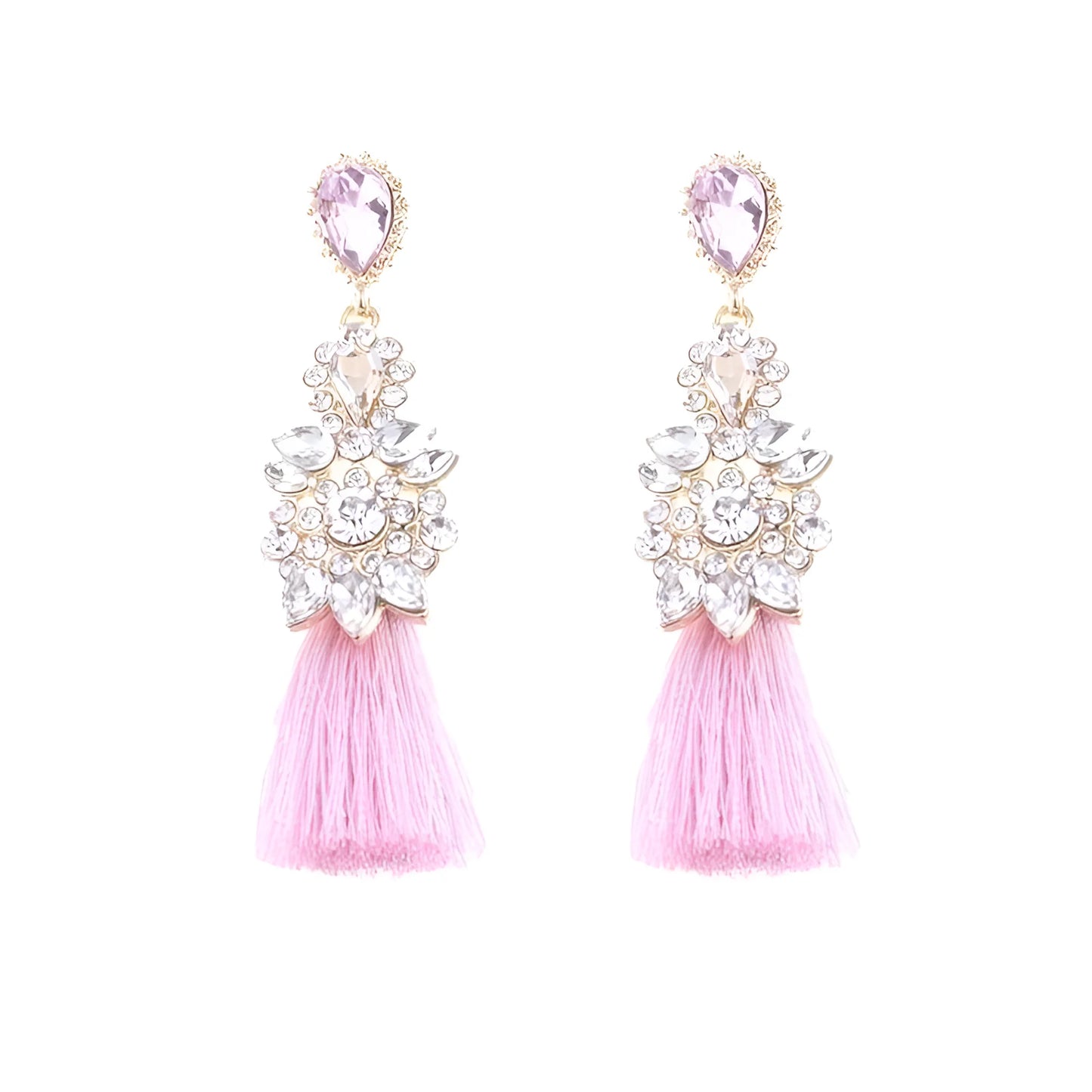 Pink tassel drop earrings with clear and pink gemstones for Swap Images Product