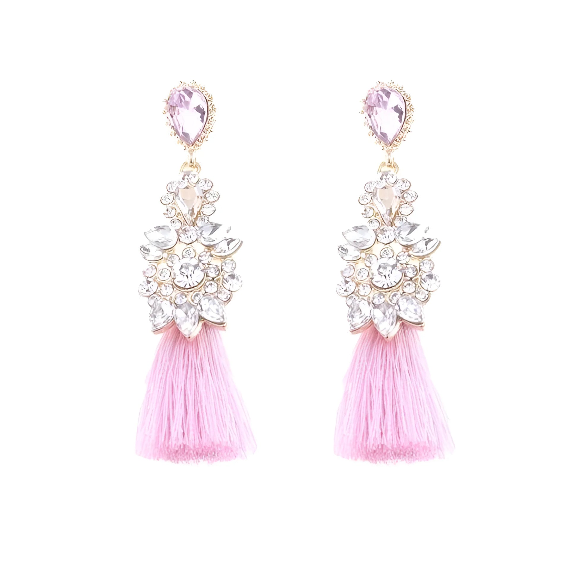 Pink tassel drop earrings with clear and pink gemstones for Swap Images Product