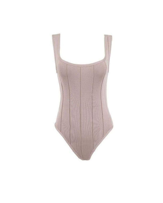 Beige ribbed one-piece swimsuit with square neckline and thin straps for Remove Watermarks