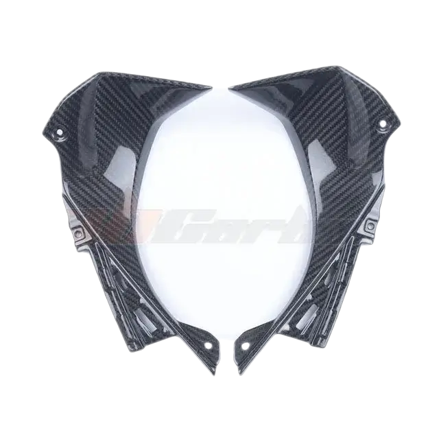 Black carbon fiber motorcycle fairing with glossy finish and angular aerodynamic design sample wmk remove product