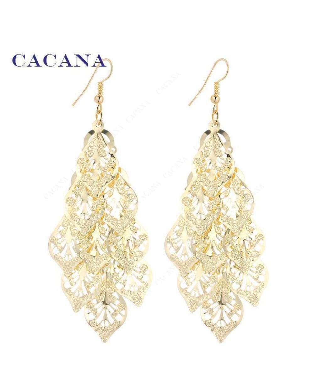 Gold-colored chandelier drop earrings with filigree leaf-shaped elements for Swap Images Product