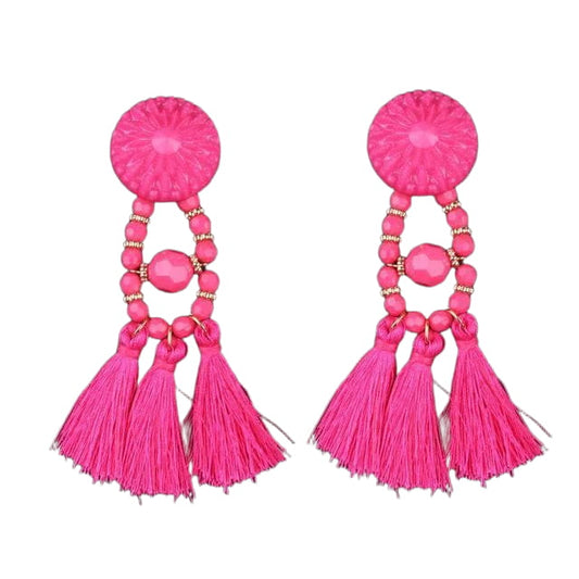 Vibrant hot pink beaded tassel earrings displayed on Swap Images Product